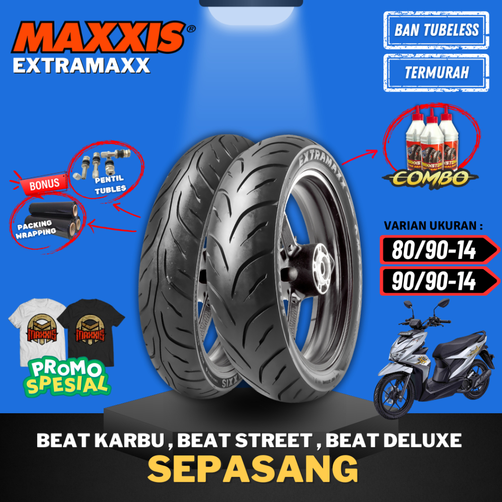 [PAKET SEPASANG TERMURAH] BAN MAXXIS EXTRAMAXX M6233/34 TUBELESS ( 80/90-14 / 90/90-14 ) BAN MOTOR M