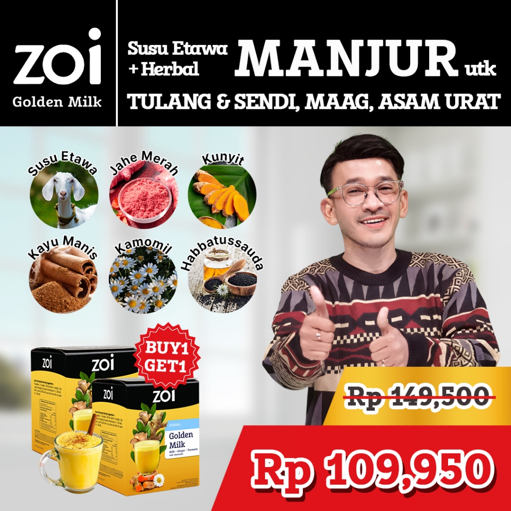 

[ZOI X Ruben Onsu] Beli 1 Box Dapat 2 Box Zoi Golden Milk Susu Herbal Susu Sehat Susu Kambing, Jahe, Kunyit Isi 20 Sachet