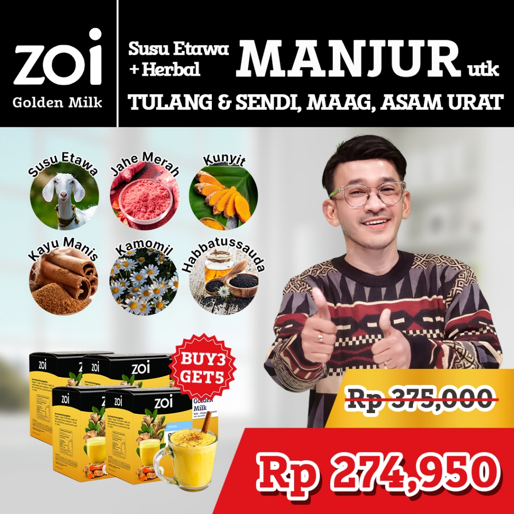 

Beli 3 Box Dapat 5 Box Ruben Onsu x Zoi Golden Milk Susu Herbal Susu Sehat Susu Kambing, Jahe dan Kunyit