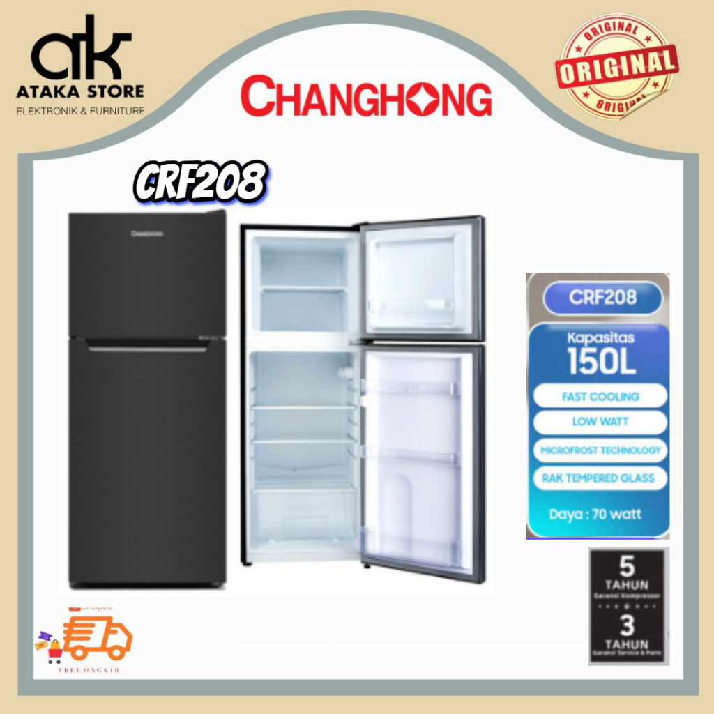 KULKAS CHANGHONG 2 PINTU CRF208 Black 165 Liter Low Watt