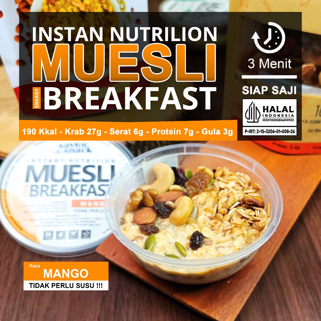 

Muesli Rasa Mango 3 Menit Siap Saji Tidak Perlu Susu, Overnight Oats Oatmeal menu Sarapan Praktis Rendah Kalori Untuk Diet | Savior Snack