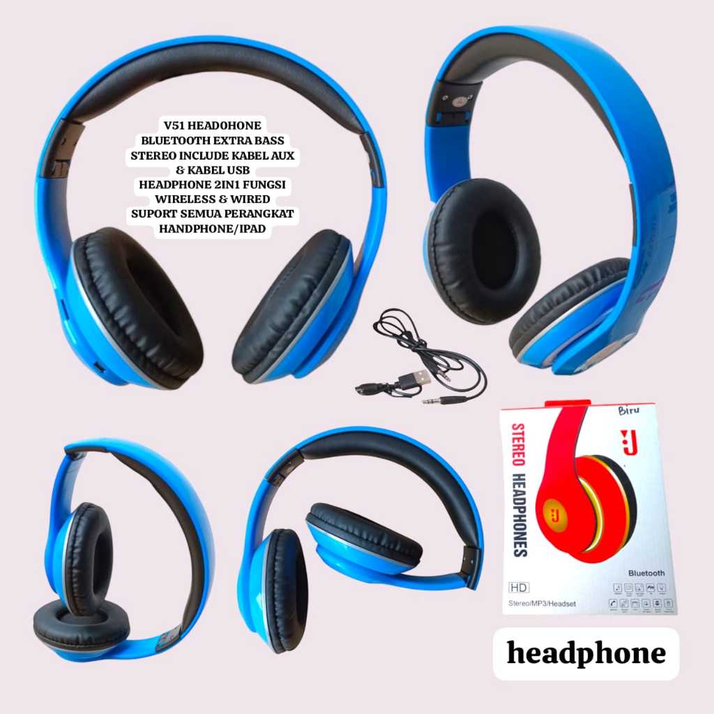 V51 ORI OEM HEADPHONE  BLUETOOTH STEREO DENGAN KABEL AUX EXTRA BASS HEADPHONE WIRELES 2IN1 FUNGSI WI
