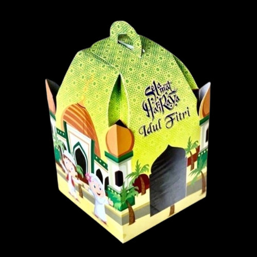 

( 5 pcs ) Kotak Box Kuker Lebaran Dus Idul Fitri Motif Kartun Hijau Kuning Muat 2 Toples 500gr