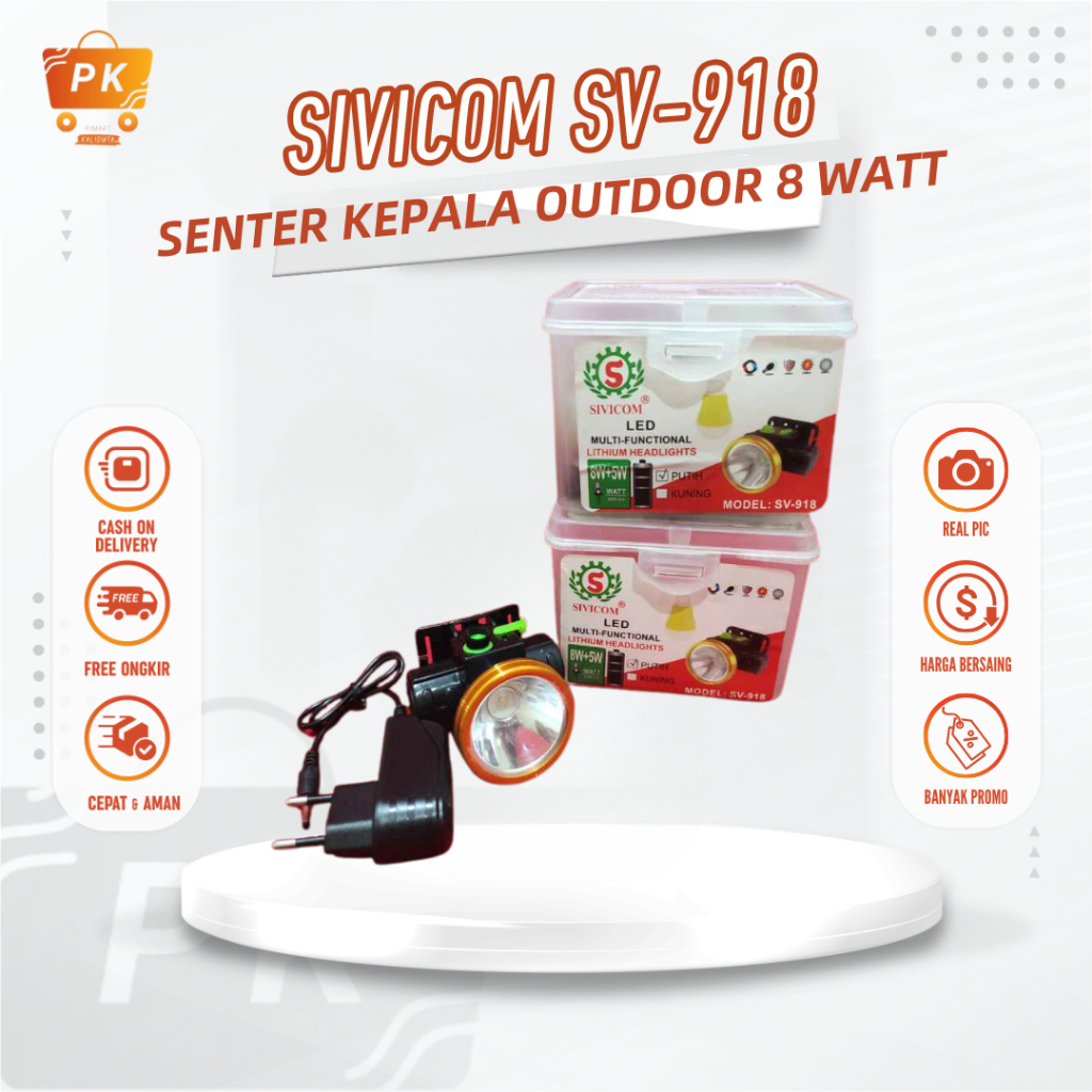 Senter Kepala LED Putih Terang Lithium Headlights Sivicom SV-918 8 Watt + Lampu 5 Watt