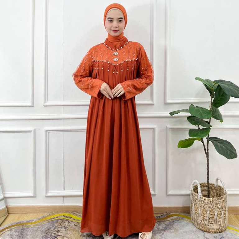 PRILLY BUSANA - Kenanga Dress Ceruty Mix Tile Bordir - Kurung Melayu - Pesta - Baju Muslim Wanita