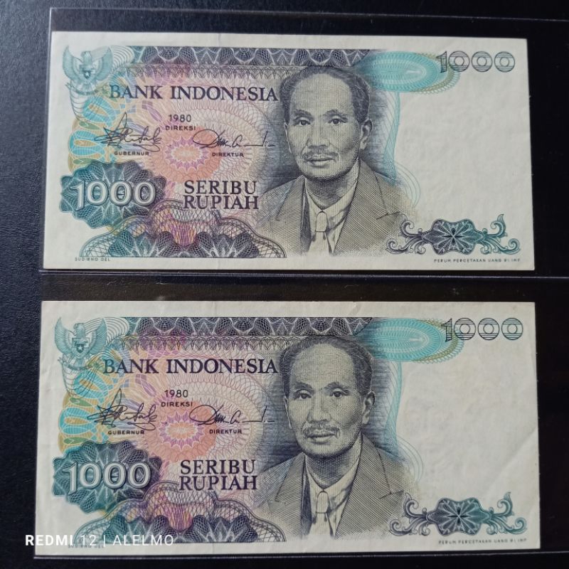 2 lembar no seri urut uang kertas kuno 1000 sutomo tahun 1980 seperti baru utuh asli