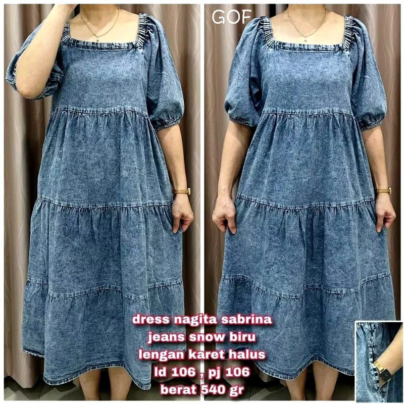 GOF dress wanita jeans denim Jumbo LD106 pj106 model ruffle leher kotak lengan ada karet