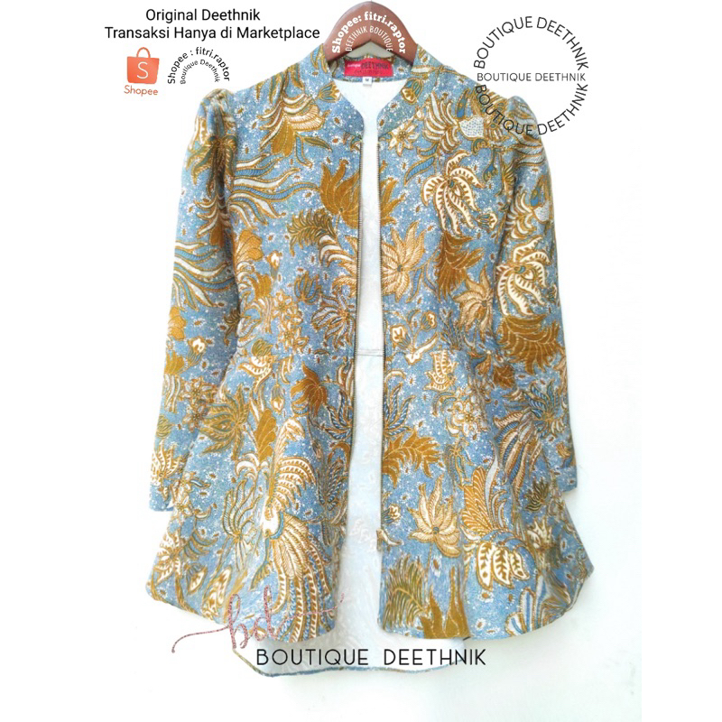 Baju batik wanita model peplum warna biru keabuan resleting depan Deethnik