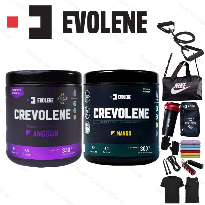 CREVOLENE 300gram Creatine Monohydrate Evolene &  PREVO 45 sachet Pre workout EVOLENE  Suplemen Fitn