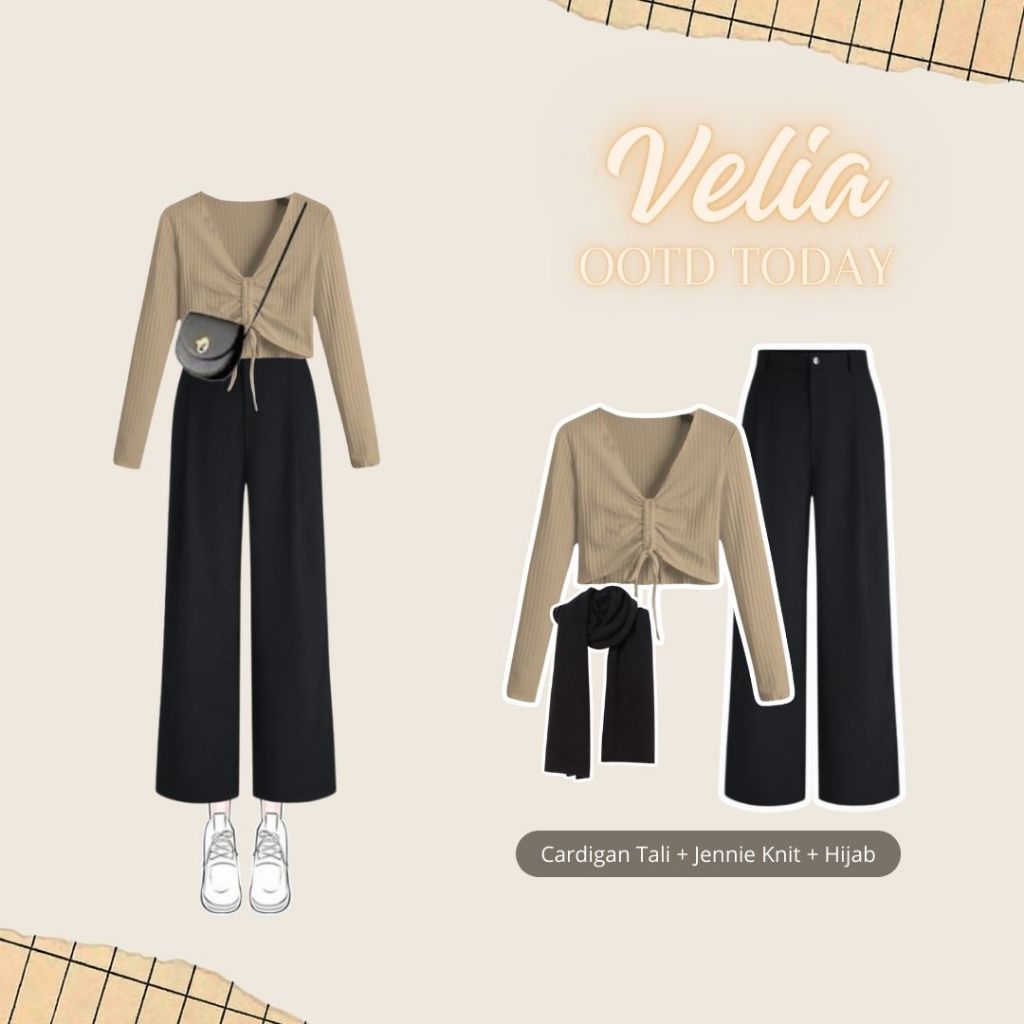 Velia OOTD Today | One Set ( Cardigan Tali + Jennie Knit + Hijab ) | Style Korean Hijab
