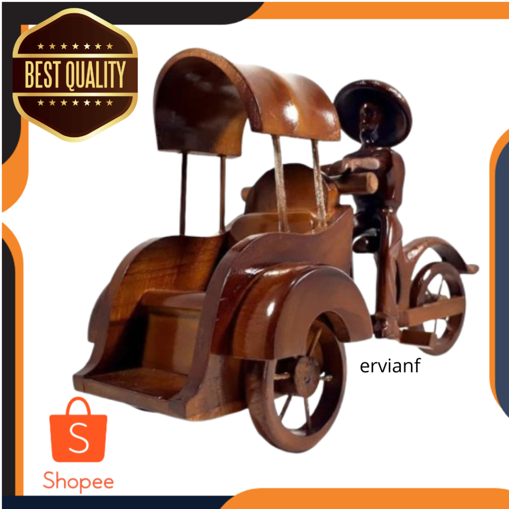 Miniatur becak kayu jati asli/ hiasan becak / becak kayu