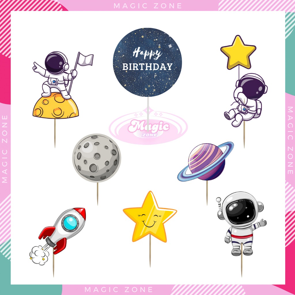 Topper Cake Karakter Astronot Luar Angkasa/ Topper Tusukan Kue Astronot HBD/ Hiasan Kue Ulang Tahun