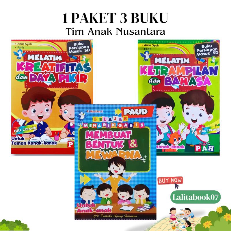 PAKET 3 BUKU/BUKU ANAK TK PAUD BELAJAR MENARIK GARIS MEMBUAT BENTUK WARNA DAN MENEBALI GARIS  MENGEN