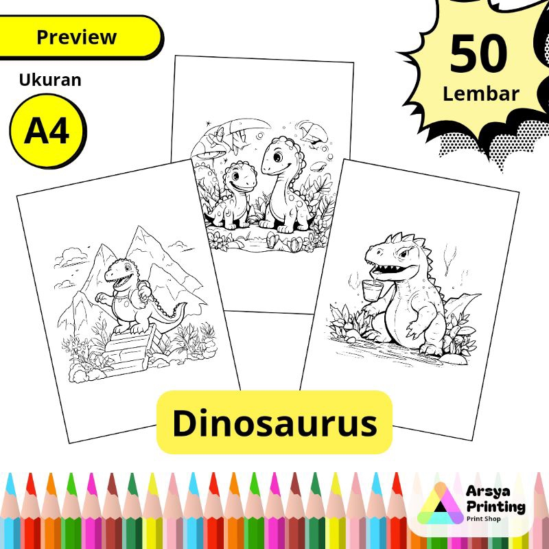 

50 Lembar Kertas Mewarnai Anak Lucu Tema Dinosaurus Ukuran A4