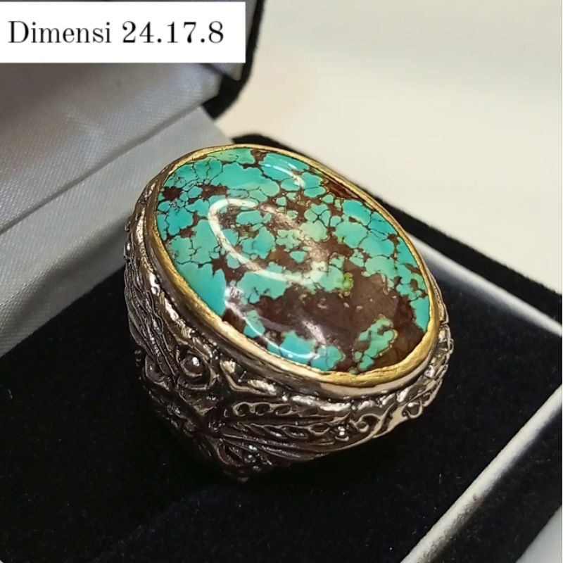 Cincin Original Batu Pirus Persia Gradasi Warna Biru Telor Asin Urat Jala Asli Natural