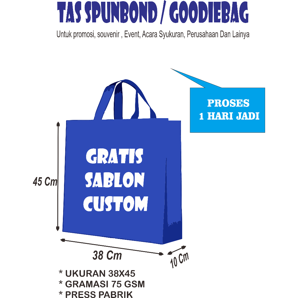 

TAS SPUNBOND SABLON CUSTOM tali 38x45x10 75 gsm Tas Goodie Bag custom TEBAL/ TAS SOUVENIR GOODIE BAG / SEMBAKO Souvenir