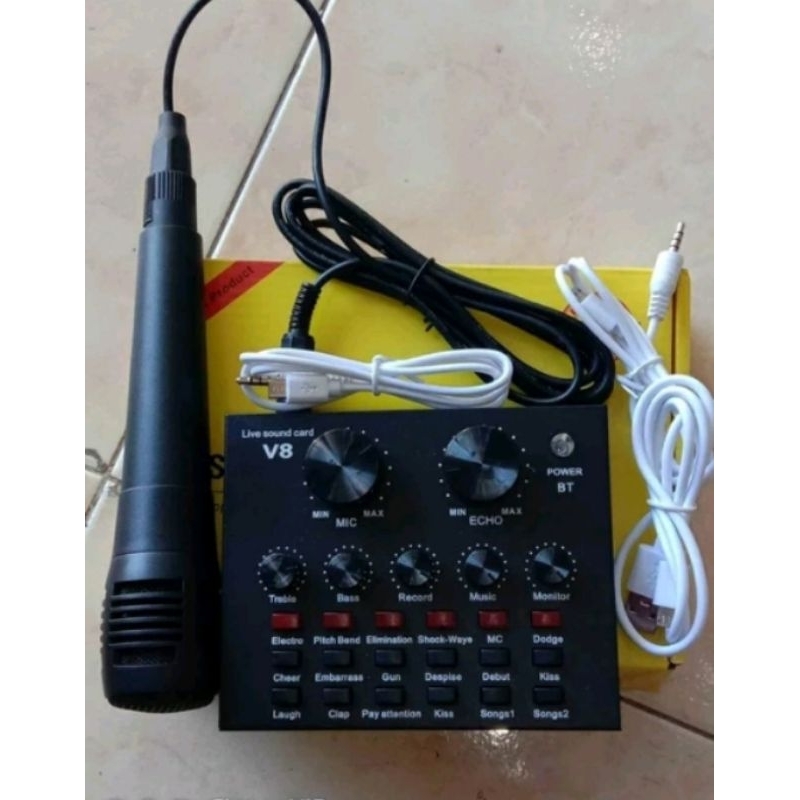 Paket Alat Karaoke Mixer Audio Soundcard V8 Bluetooth dan Microphone