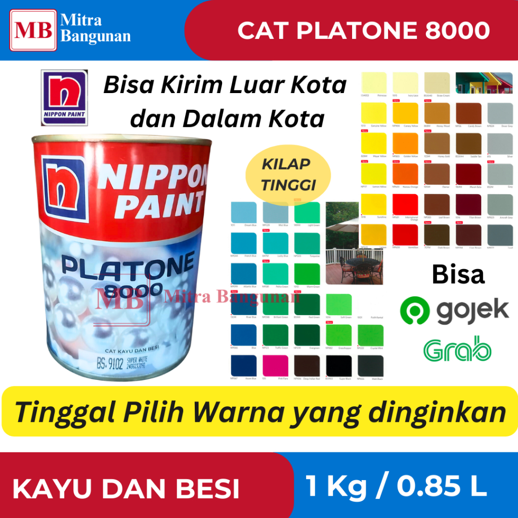 NIPPON  PAINT PLATONE 8000 CAT KAYU DAN BESI / CAT MINYAK 1KG WARNA PUTIH,MERAH,BIRU,HIJAU,KUNING,DL