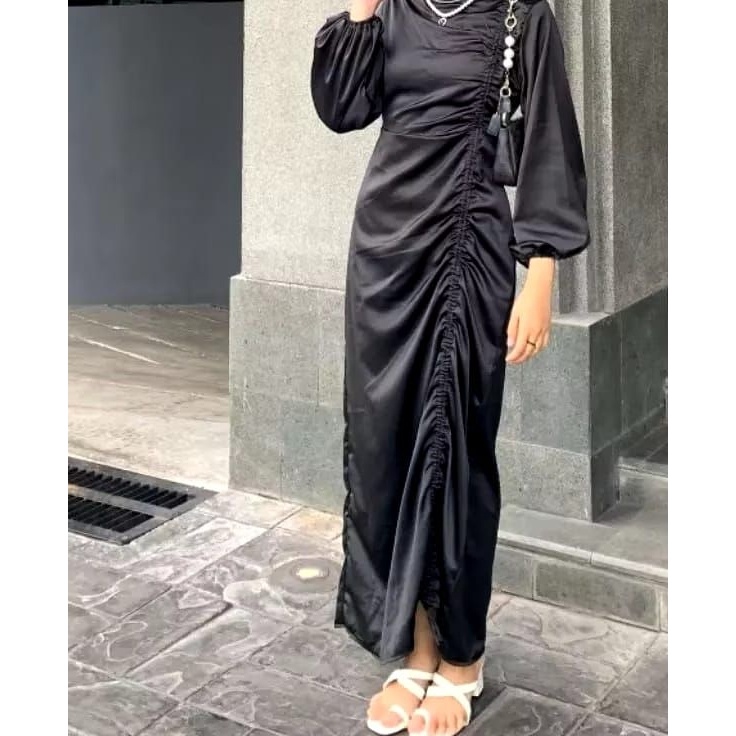 Harga Minggu Ini  New Arrival Dress Satin Korean Dress Lebaran Kondangan Lengan Panjang Dress satin 