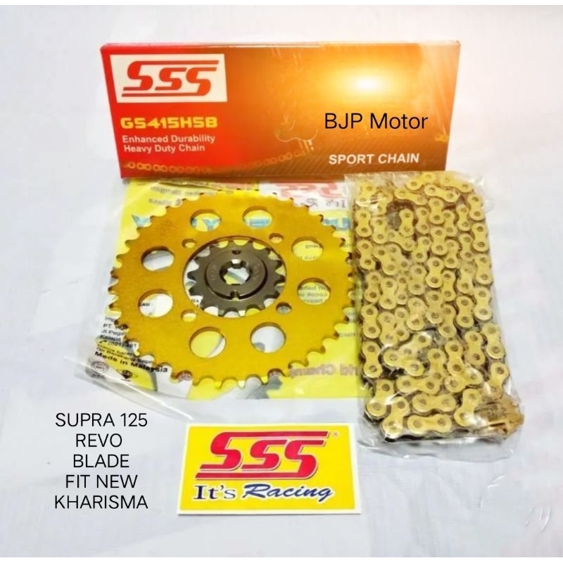 Gear set SSS 415 SUPRA 125 FIT NEW REVO rantai SSS 415 HSB Gold Biru Merah gir depan SSS gir