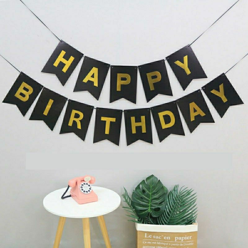 Banner segilima tulisan happy birthday warna hitam emas black gold baner bunting flag spanduk backdr