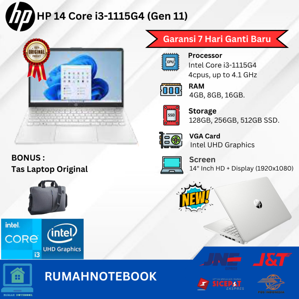 Laptop Baru HP 14 dq Intel Core i3 1115G4 4.1 Ghz /  i3-1215U (up to 4.4 GHz RAM 16GB SSD 512GB