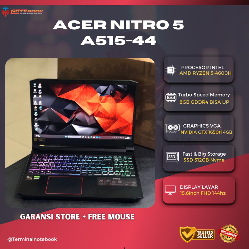 Acer Nitro 5 A515-44 Ryzen 5-4600H Ram 16GB SSD 512GB GTX 1650ti 4GB