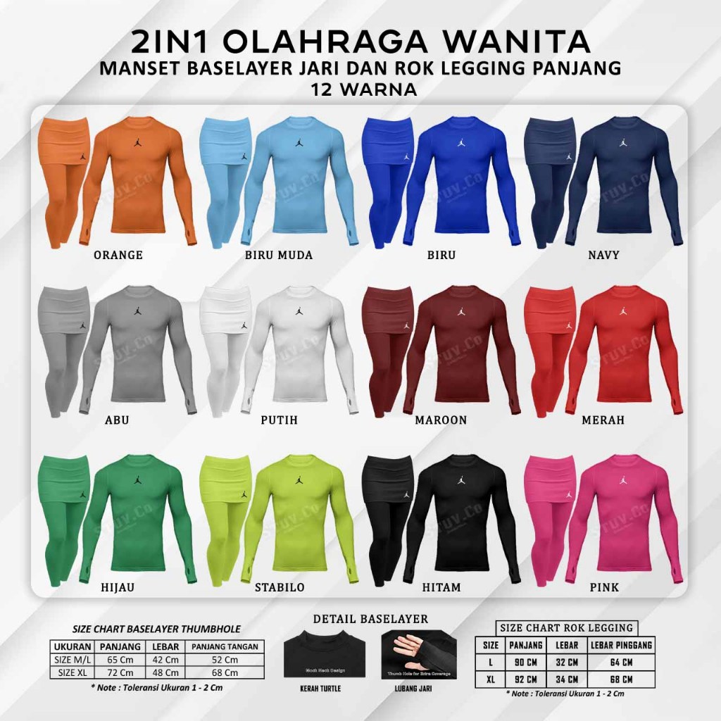 PAKET 2IN1 STELAN MANSET BASELAYER LENGAN PANJANG JARI CELANA ROK LEGGING PANJANG TENIS SENAM HYGET