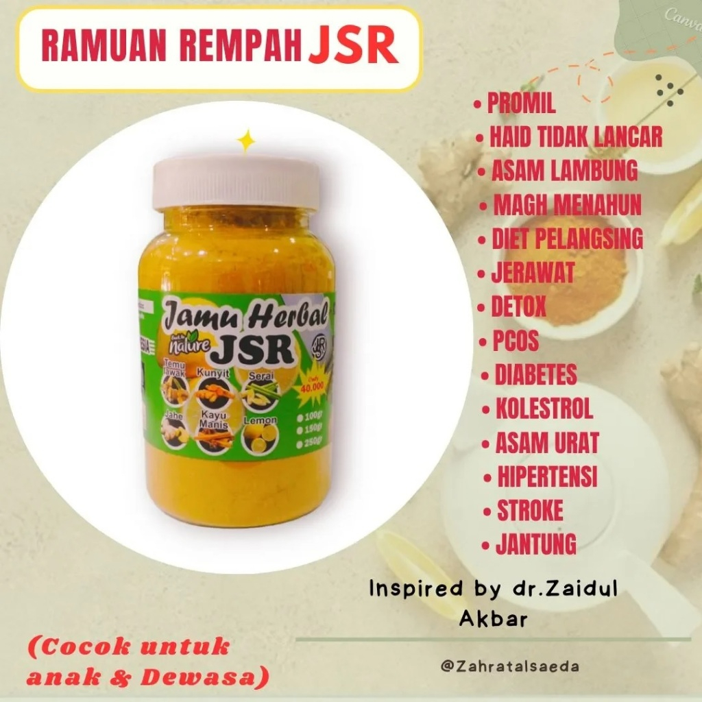 

JSR Zaidul Akbar Serbuk Kunyit Temulawak Sereh Jahe merah Kayu Manis Lemon Tanpa Campuran Gula 150gr