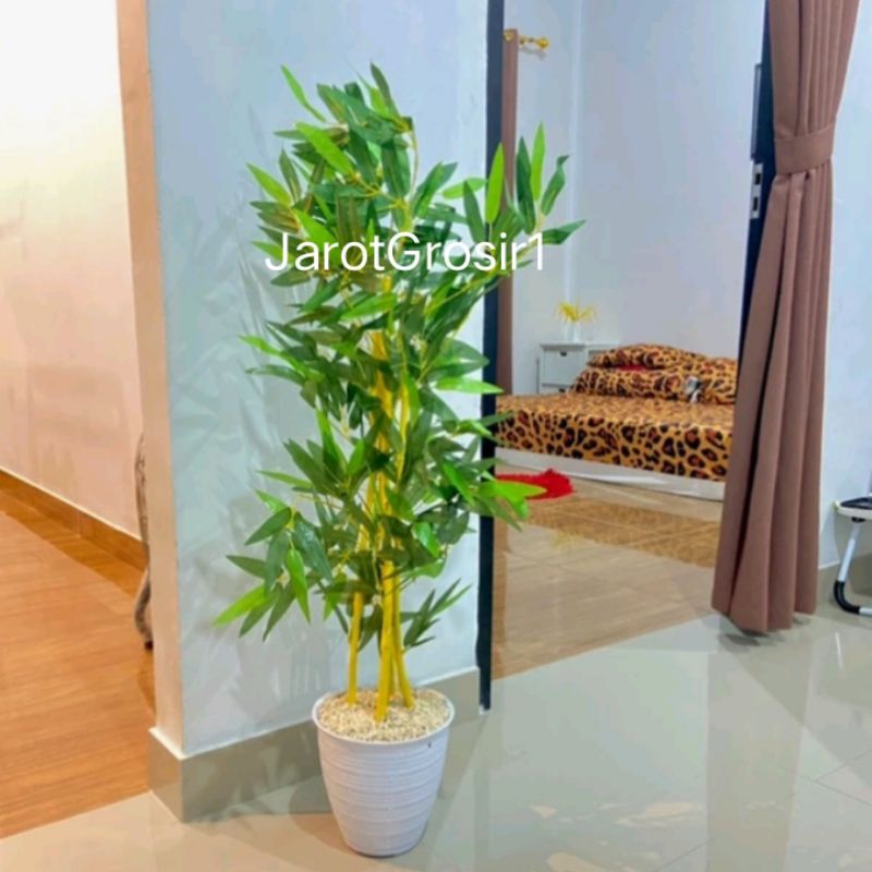 BAMBU KUNING TINGGI 1 METER + VAS DAN BATU // POHON BAMBU KUNING ARTIFICIAL DEKORASI IMITASI PLASTIK