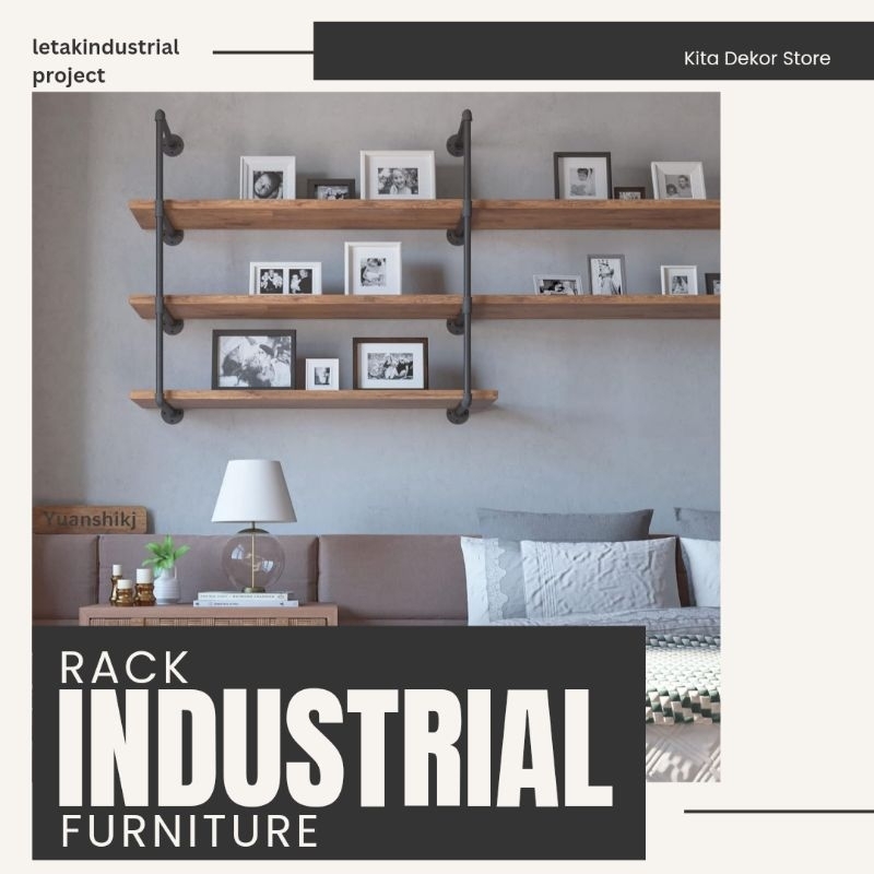 Rak Dinding Kayu Industrial / Rak Dinding Besi Pipa Industrial / Floating Shelf Rak Gantung 3 Ambala