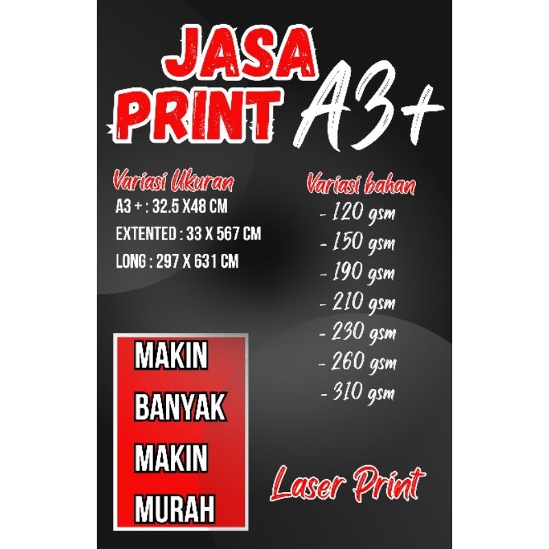 

PrintA3+ , Cetak A3+ MURAH , Art carton120 , 150 , 190 , 210 , 230 , 260 , 310 | 1 sisi / 2 sisi