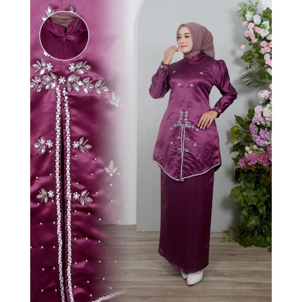 Setelan Baju Kurung Melayu Rok Satin Kebaya Kondangan Wanita Dres Pesta Kekinian Full Payet Dres Kon