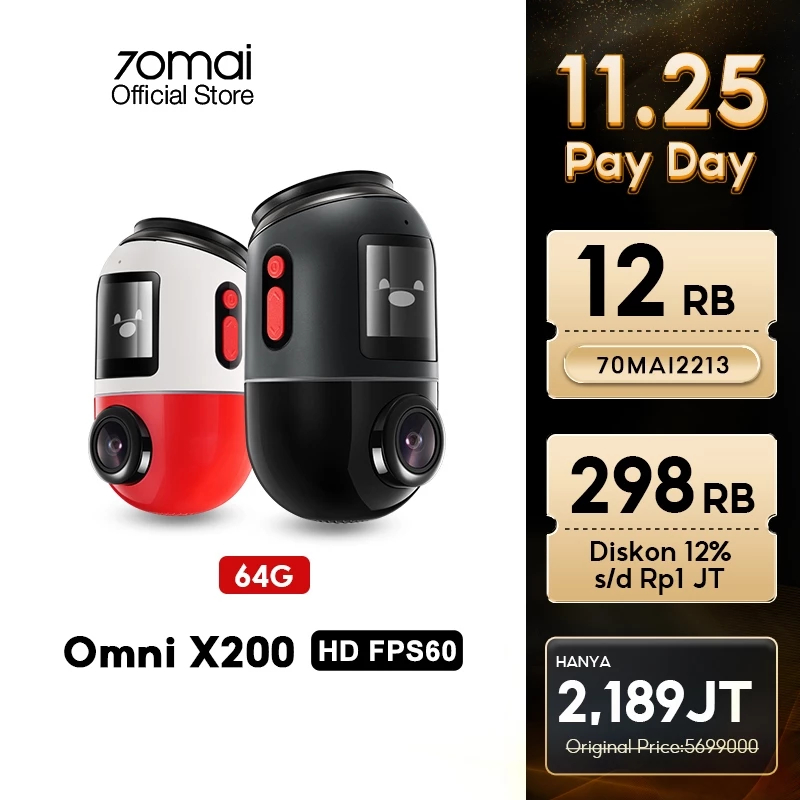 70mai Dash Cam Omni X200 360° Full View 4G Connect HD 1080P FOV 140° Built-in 64/128GB Dashcam Mobil