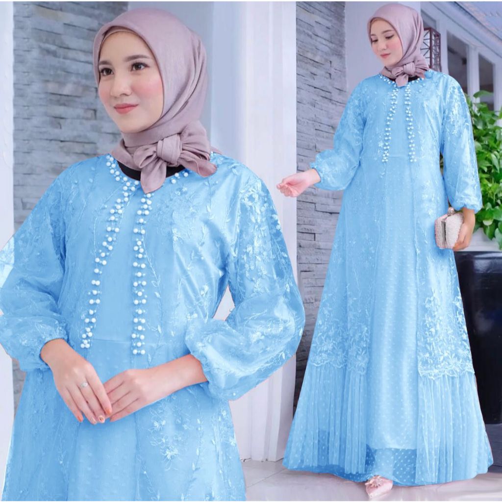 Gamis brokat tile mewah dewasa jumbo terbaru kondangan biru langit utari