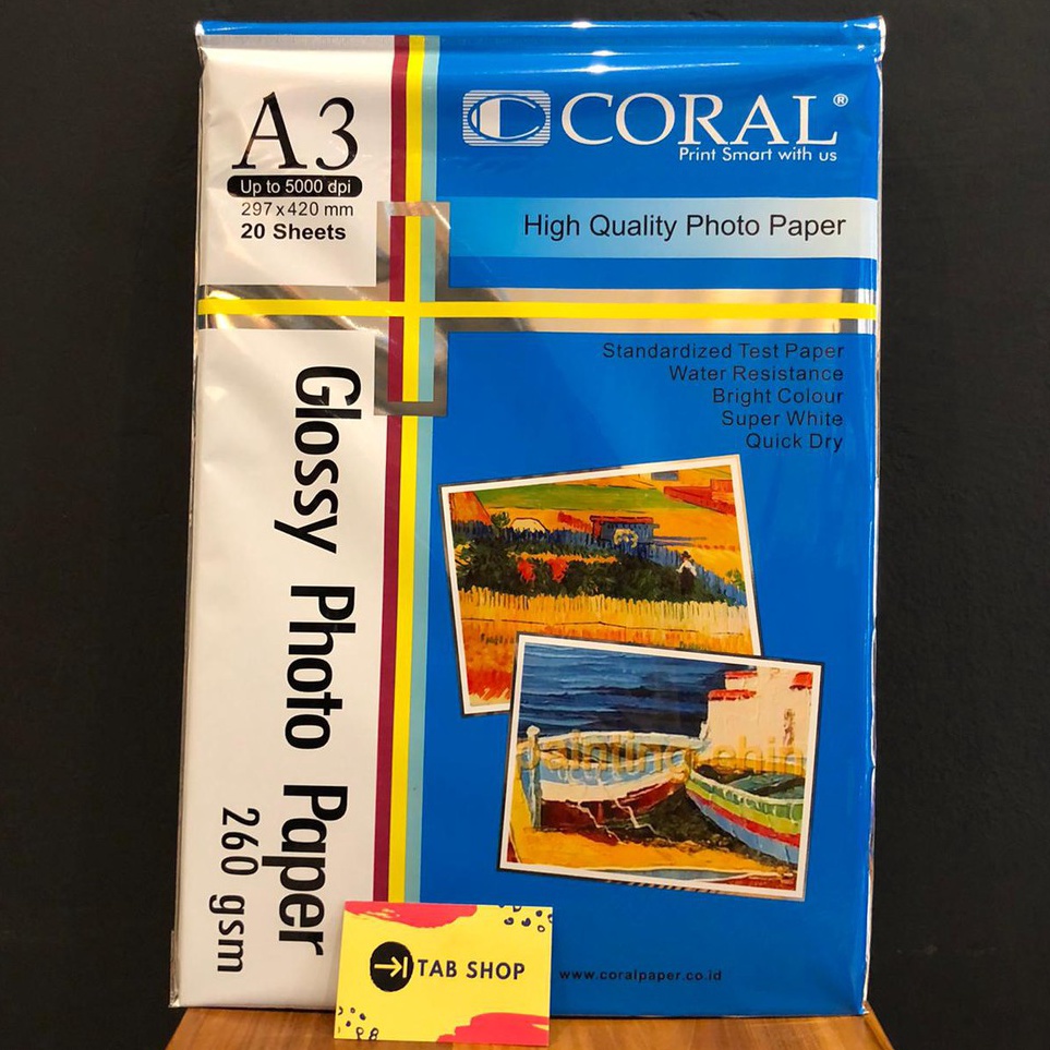 

Ready TAB SHOP CORAL GLOSSY PHOTO PAPER 26 GSM 2 SHEETS A3 CORAL KERTAS FOTO 26 GSM 2 SHEETS A3 H99