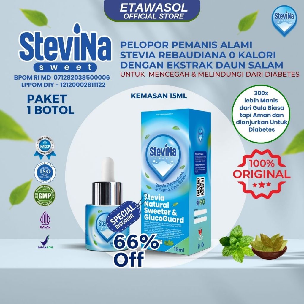 

Stevina Sweet Pemanis Alami 0Kalori plus Herbal Daun salam Pengganti Gula Untuk Menjaga Berat Badan Ideal Kemasan 1 Botol 15ml