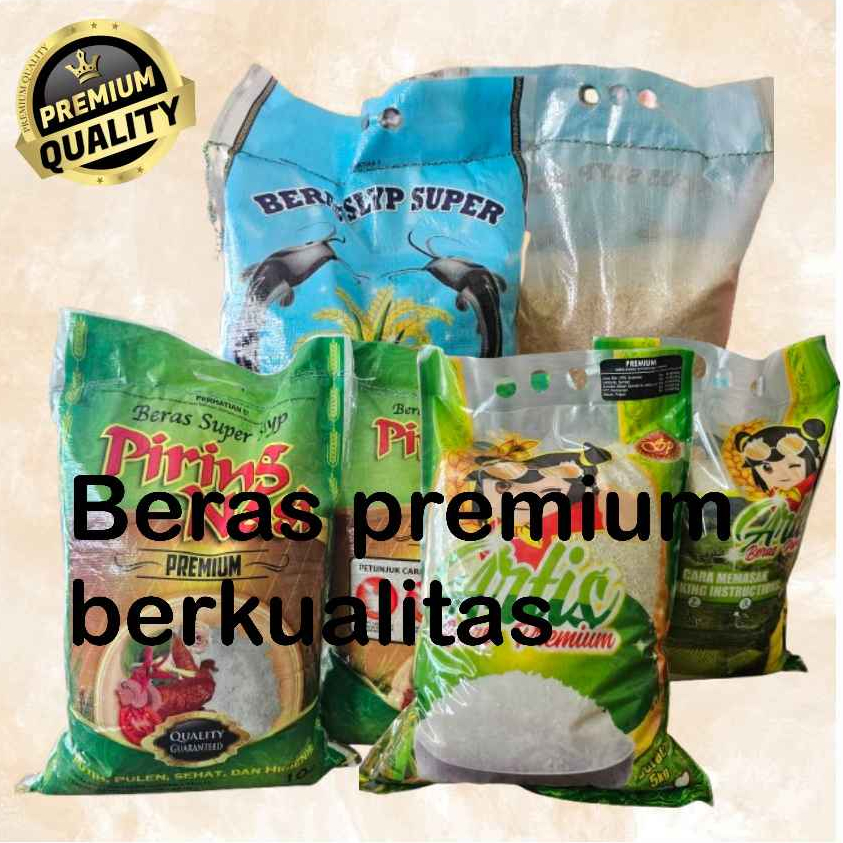 

Beras premium pulen berkualitas merek piring nasi 10KG/Liter, artis dan rojolele 5KG/Liter