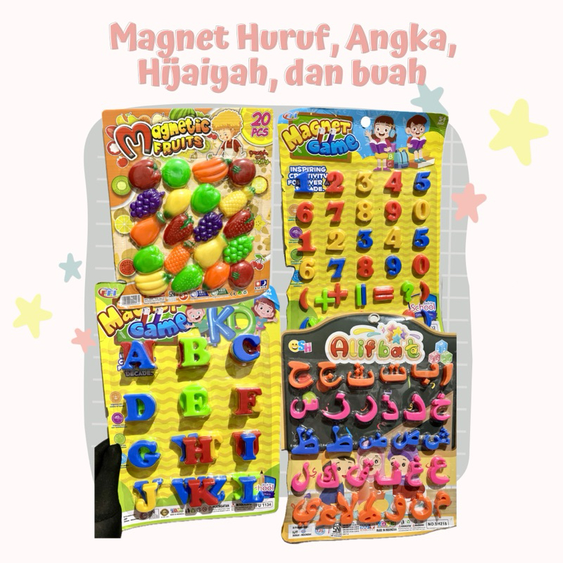 Mainan edukasi Magnet Kulkas huruf angka hijaiyah dan buah / Magnet Tempelan Kulkas / Magnet huruf /