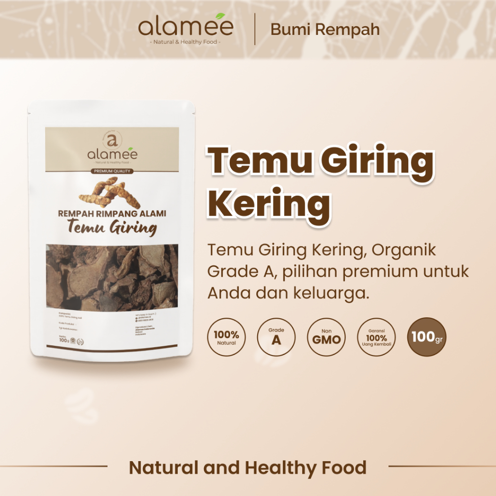 

ALAMEE Temu Giring Kering Organik Iris Kuning Gajah Rempah Rimpang Alami Bumbu Seasoning Masak 100gr