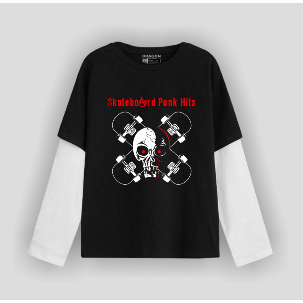 Dragon Clothing Kaos double layer pria Skatebord Punk T-shirt Lengan Panjang Unisex