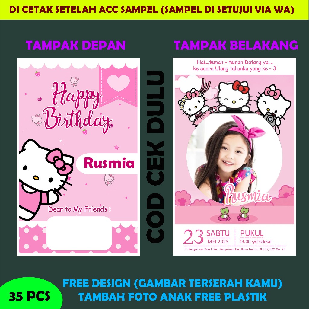 UNDANGAN ULANG TAHUN HELLO KITTY  (BISA TAMBAH FOTO ANAK NAMA DLL) FREE PLASTIK ULTAH ULANGTAHUN KAR