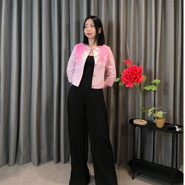 Camellia Blazer Wanita Mesh Jala Brokat Bunga Feminim