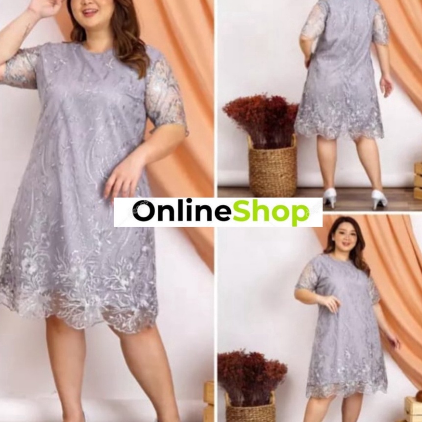 Eksklusif Dress Tile 3XL size Jumbo Brukat Tile Bordir Gliter Mutiara Tulle Sandra Dres Jumbo Dress 