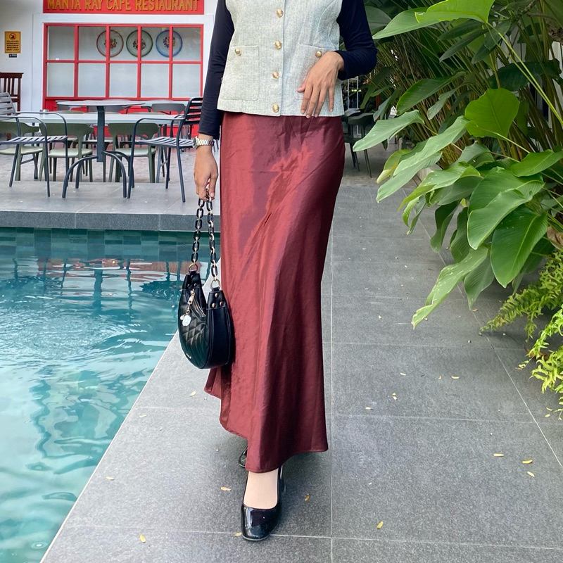 Silky Skirt A | Rok Satin Silk Bkk | Rok Satin Highwaist | Ready Stock