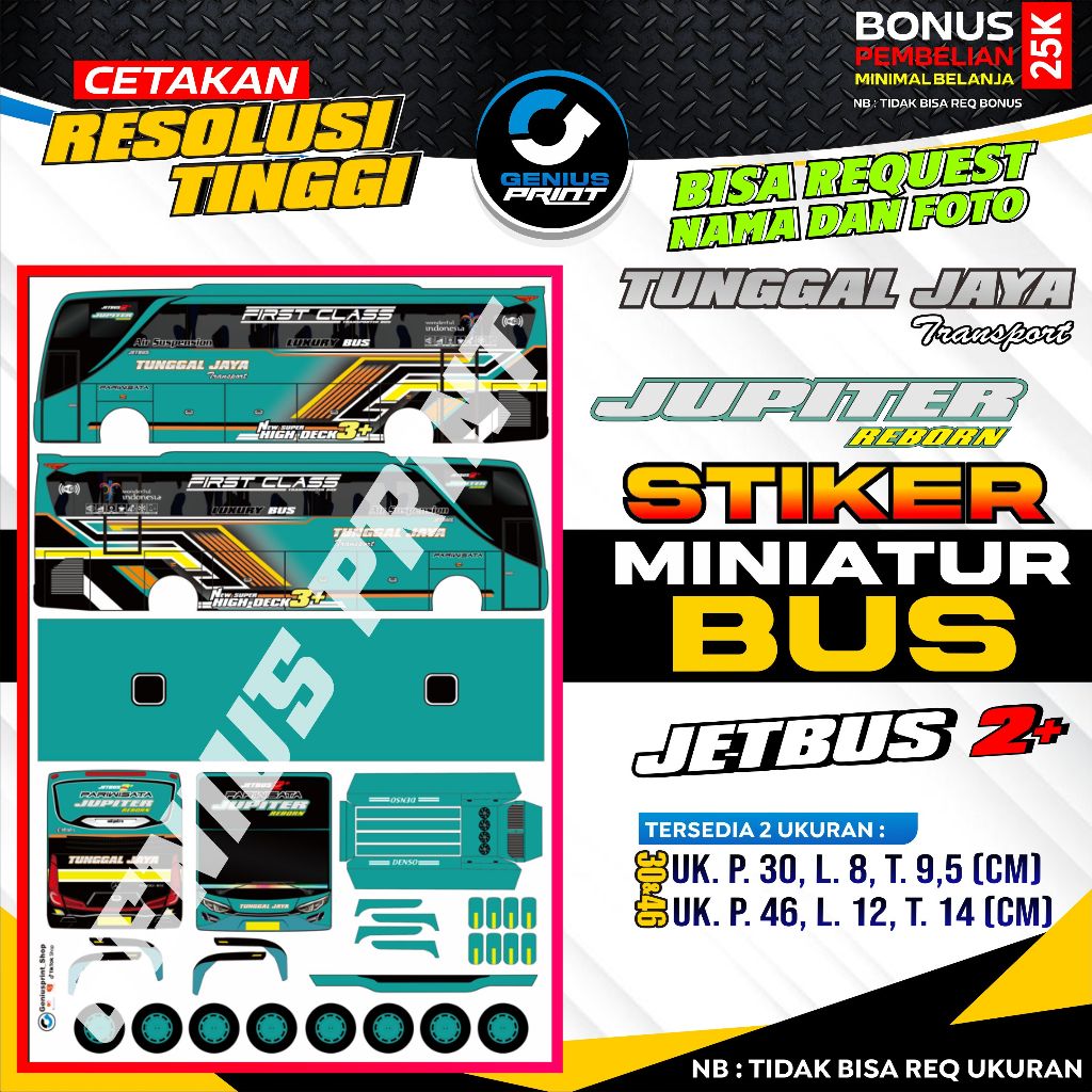 Stiker Mainan Miniatur Bus Jetbus 2+ Livery Tunggal Jaya Transport #2 Uk. 30 dan 46cm
