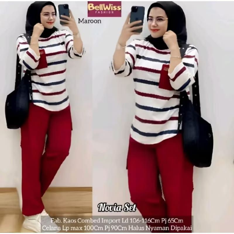NOVIA SET WANITA MUSLIMAH BAHAN KAOS COMBAD IMPORT