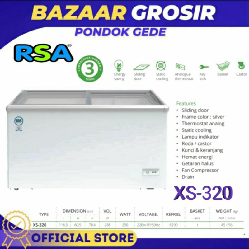 RSA CHEST FREEZER XS 320 / XS320 / XS-320 - BOX 320L LEMARI PEMBEKU