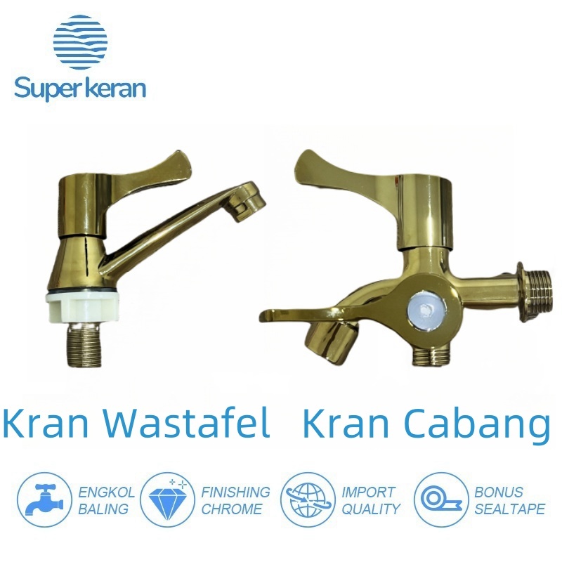 Kran Air Kamar Mandi Gold Kran Air Cabang 2 Kran Wastafel Cuci Tangan Keran Shower Kamar Mandi 1/2 i