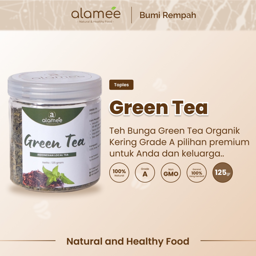 

ALAMEE Teh Hijau Green Tea Organic Kering Organik Greentea Minuman Herbal Siap Seduh Minum 125gr